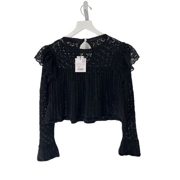 Zara Black Pointelle Ruffle Long Sleeve Semi Crop Top - Picture 10 of 10